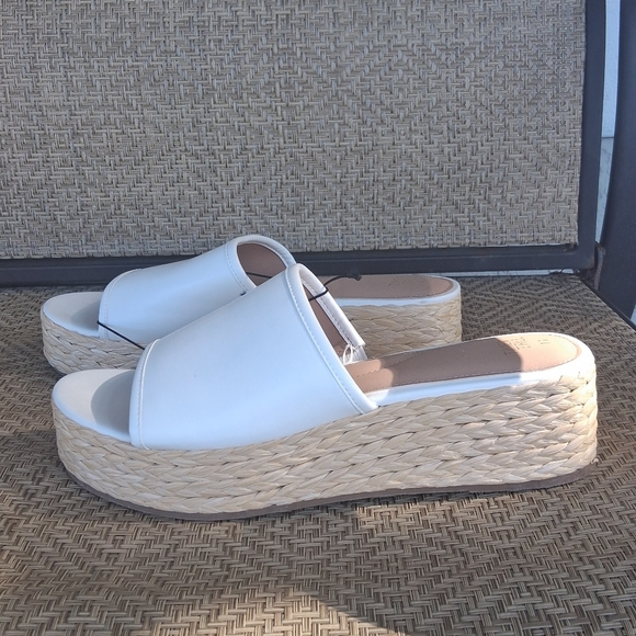 White and Tan Wedge Espadrilles with Open Back - Picture 2 of 6